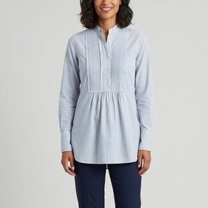 Nili Lotan Tuxedo Pleated Mock Neck 100% Cotton Blouse in Blue Pinstripe Size XS